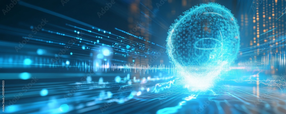Poster futuristic image depicting a glowing, abstract brain with digital elements, symbolizing advanced tec