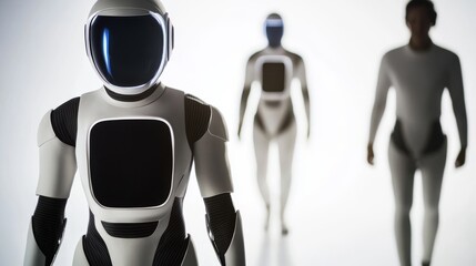 Futuristic humanoid robots in sleek suits highlight advanced technology and innovation in a minimalist setting.