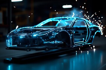 Obraz premium Close-up of robotic welding on a car frame, with sparks flying in a high-tech automotive factory