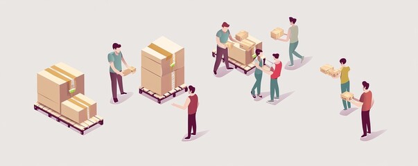 Naklejka premium Illustration of warehouse workers managing packages and boxes, showcasing teamwork in logistics and inventory processes.