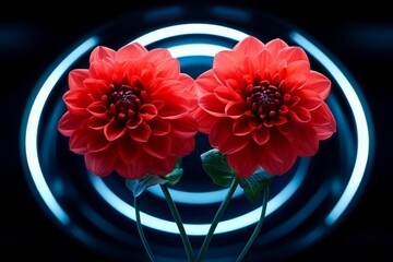 Dahlia blossoms in a futuristic garden, their vibrant red and orange petals glowing against a backdrop of sleek metallic structures