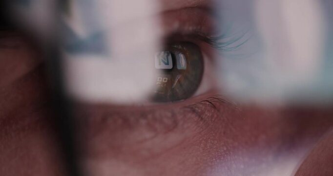 Macro View Of Young Man'S Eyes Glasses Web Browsing Doom Scrolling Internet Addiction Metaverse