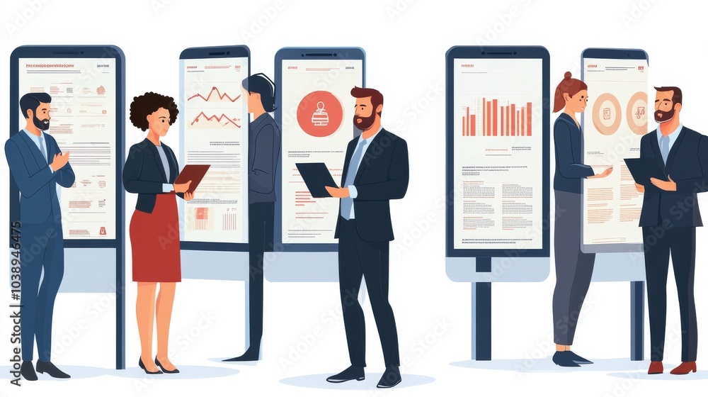 Poster professionals analyzing data and discussing trends in a modern office environment with digital displ