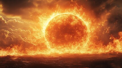 A fiery orb, resembling a burning sun, emerges from a fiery horizon, engulfing the sky with flames and smoke.