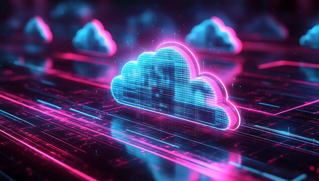 Neon light cloud computing futuristic technology. A glowing cloud symbol formed of data in a network of digital lines. A futuristic data center with neon lights and cloud computing network concepts.