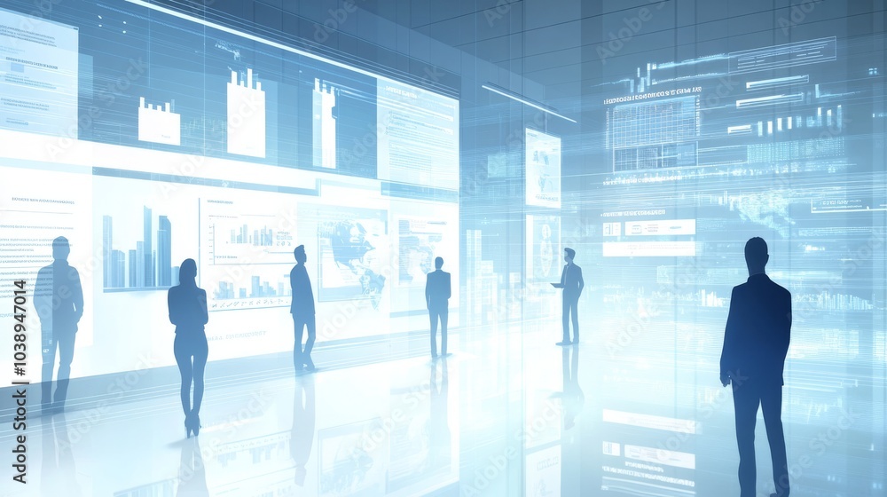 Aufkleber silhouettes of figures in a modern business environment analyzing data on digital displays in a high
