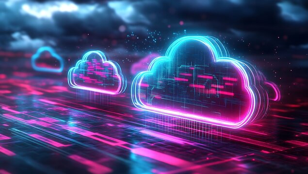 Neon light cloud computing futuristic technology. A glowing cloud symbol formed of data in a network of digital lines. A futuristic data center with neon lights and cloud computing network concepts.