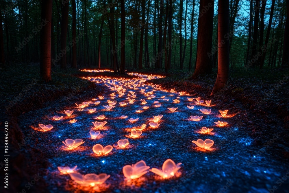 Poster enchanted forest with glowing flowers and sparkling streams, illuminated by soft magical light under