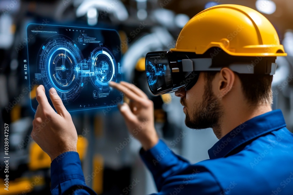 Aufkleber Engineer using augmented reality glasses, interacting with a holographic display showing factory production data