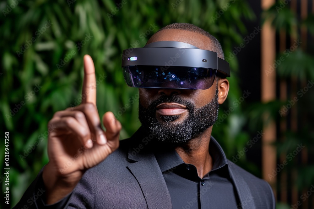 Poster Engineer using augmented reality glasses, interacting with a holographic display showing factory production data