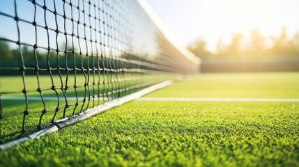 A tennis court with a focus on the net and grass texture, outdoor setting with bright sunlight, Crisp style