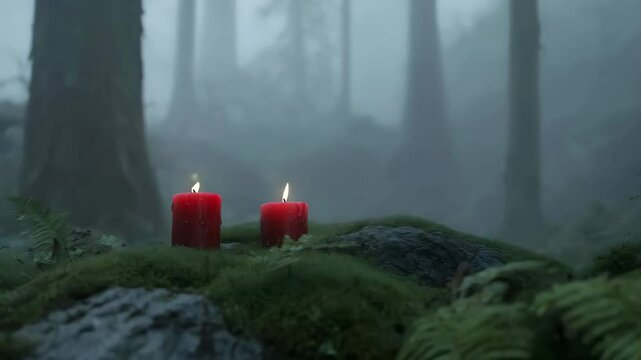 Burning magic red candles in forest for witch ritual or celebrating pagan holiday. Mysterious fairy scene. Samhain sabbat, Mabon, Halloween, All hallows eve. Witchcraft, esoteric spiritual practice