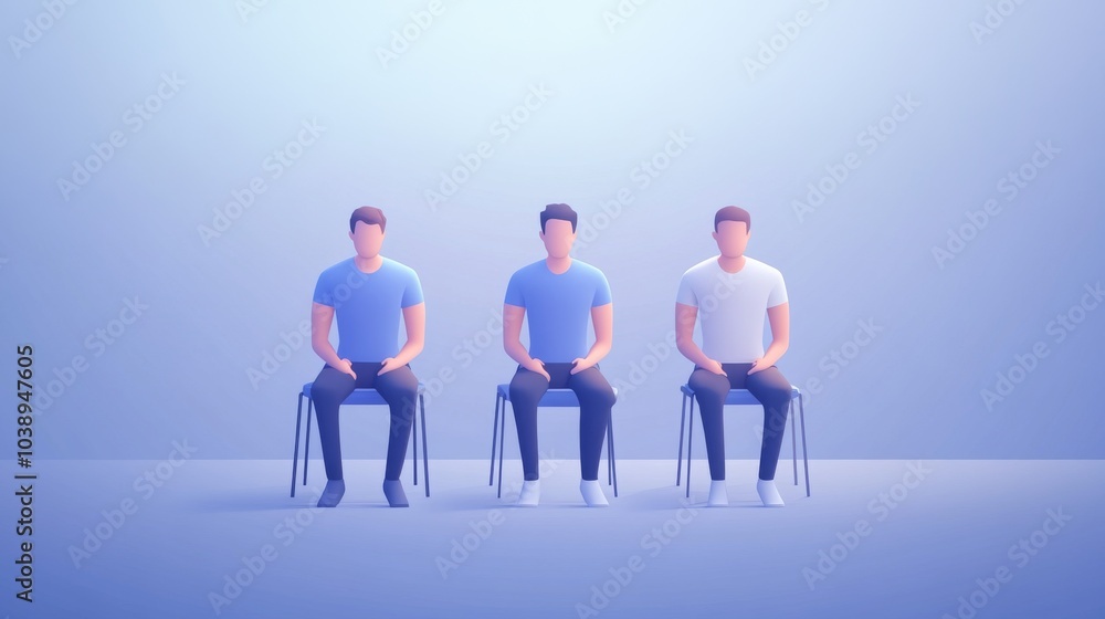 Poster three abstract figures seated on chairs in a minimalistic setting, representing teamwork and collabo