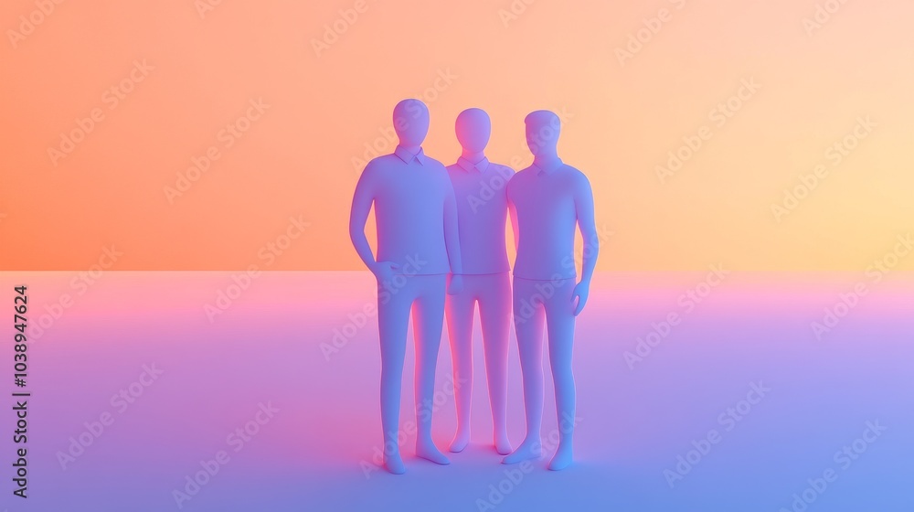 Poster three abstract figures stand together against a vibrant gradient backdrop, symbolizing unity and mod