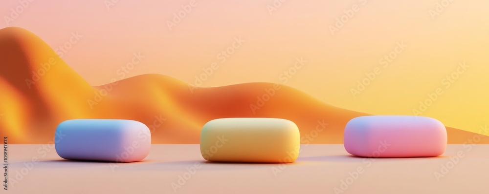 Poster three colorful abstract shapes on a soft background, showcasing modern design and vibrant hues in a 