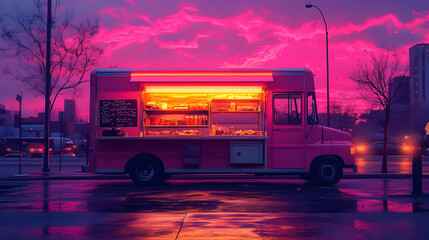 Obraz premium Pink Food Truck at Sunset - Digital Illustration