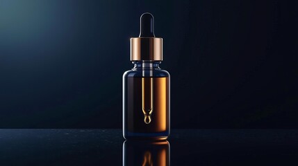 Naklejka premium Brown glass dropper bottle filled with liquid against a dark background, showcasing its elegant design.
