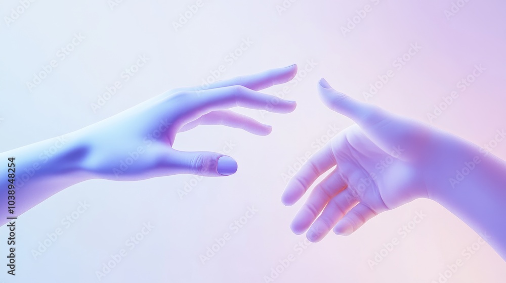 Poster Two hands reaching towards each other in a soft, ethereal gradient, symbolizing connection and communication.