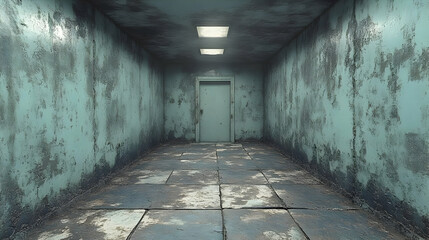 3D Illustration -  Dark Hallway with Peeling Paint and Tile Floor