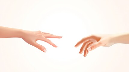 Two outstretched hands reaching towards each other, symbolizing connection, intimacy, and unity against a soft, light background.