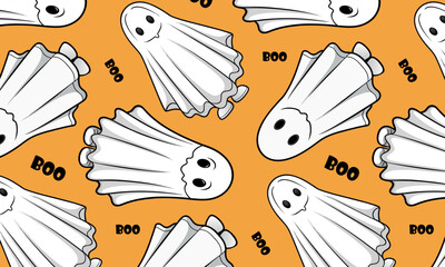 Halloween ghost pattern with BOO text on orange background, for holiday-themed products, gift wrap, event materials