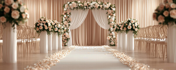 Wedding venue decorated with drapes, flowers, and an aisle covered in petals, symbolizing a romantic setting