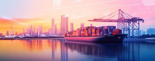 Vibrant sunset view of a cargo ship at a bustling port with skyscrapers reflecting on water, showcasing modern maritime industry.