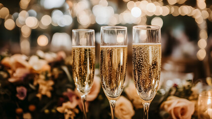 Extravagant Wedding Reception with Stunning Champagne Glasses Toasting Amidst Lush Floral Arrangements
