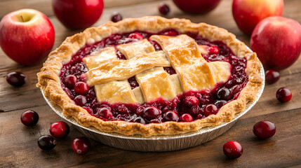 Delicious and Beautifully Crafted Cranberry Apple Pie Surrounded by Fresh Ingredients on a Rustic Wooden Table