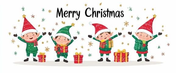 Christmas, holiday, celebration, joy, children, gifts, festive, smiling kids, winter, joyful, Santa hats, colorful background A cheerful illustration featuring happy children in Christmas attire, su