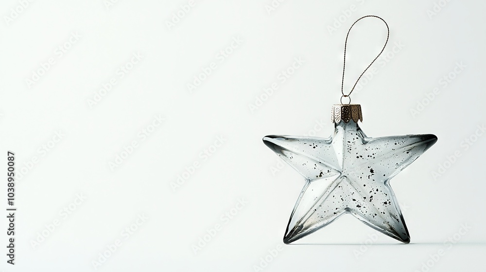 Poster a white background features an ornate glass orb in the shape of a twinkling star, suspended via stri
