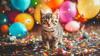 An Adventurous Kitten Thriving in the Excitement of a Decorated Living Room During a Festive Birthday Party