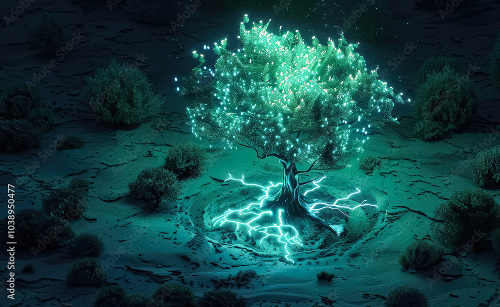 Canvas Prints tree with green leaves and roots is growing on a rocky surface. the image has a futuristic and other