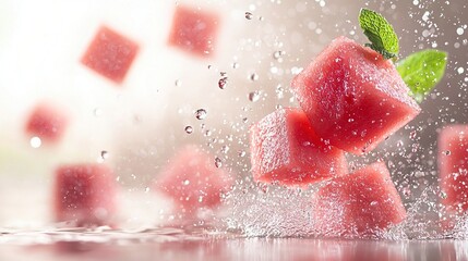   Watermelon slice with a protruding green leaf, encircled by water cubes