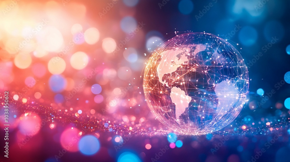 Wall mural illuminated globe with network connections against a bokeh background