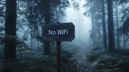 Misty deep forest scene with a wooden "No WiFi" sign in the middle of the path. Concepts of digital detox, disconnection from technology theme background. Generative AI