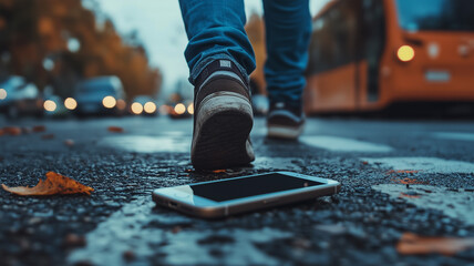 Smartphone dropped on a street as someone walks away. Concept of lost phone, digital detox. Generative AI