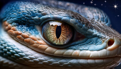 Fototapeta premium Snake eye close-up captures beautiful starry sky within its reflective pupil