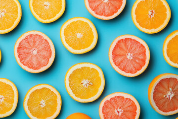 Sliced citrus fruits on a vibrant blue background.