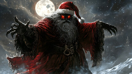 A Sinister Version of Santa Claus Depicted as a Dark, Demonic Figure in a Snowy, Ominous Landscape