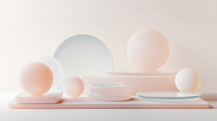 Fototapeta premium Minimalist composition of white and pale peach spheres and discs, arranged on geometric platforms. The smooth textures and soft lighting create an elegant, serene, modern aesthetic.