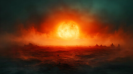 Obraz premium Red Sun and Misty Landscape - 3D Illustration