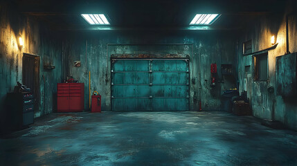 Dark Garage with Blue Garage Door and Concrete Floor - Realistic 3D Render
