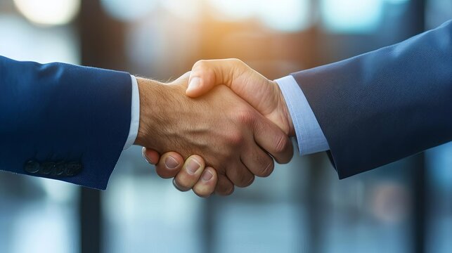 Two business professionals shaking hands in agreement, soft focus background.