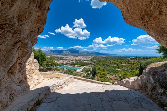 Mount Taygetus towering over Sparta, with rugged terrain and a glimpse of the city below