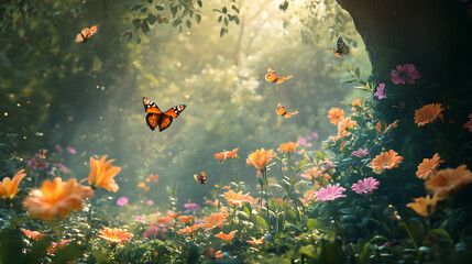 An Enchanting Forest Scene of a Mulberry Bush Amidst a Colorful Flowering Ecosystem