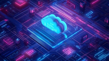 Computer chip with cloud connected to network of digital nodes, symbolizing integrated services. Blue and pink background of the future world. A computer screen with a cloud on it.