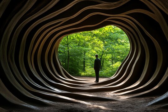 Person walking through a forest, but the trees bend and shift with their changing thoughts and emotions, symbolizing subjective experience of nature