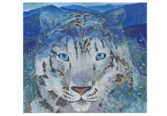 Snow leopard in the mountains, hand-drawn image, painting