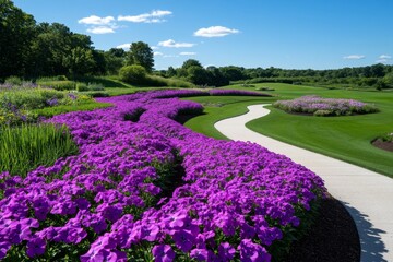 Phlox flowers blooming along a garden path, their soft petals glowing under the bright midday sun